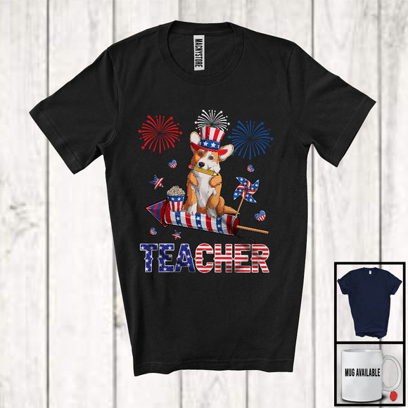 MacnyStore - Teacher, Lovely 4th Of July Corgi With Fireworks, American Flag Patriotic Teacher T-Shirt