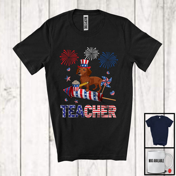 MacnyStore - Teacher, Lovely 4th Of July Dachshund With Fireworks, American Flag Patriotic Teacher T-Shirt