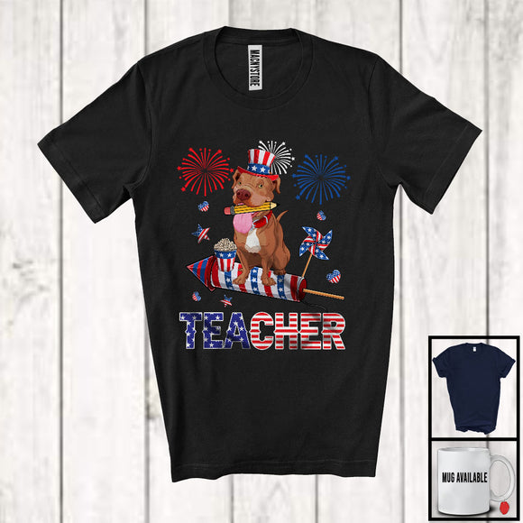 MacnyStore - Teacher, Lovely 4th Of July Pit Bull With Fireworks, American Flag Patriotic Teacher T-Shirt