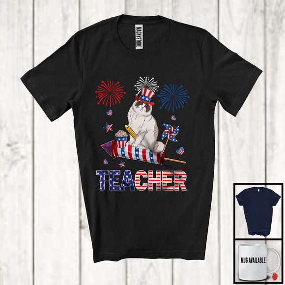 MacnyStore - Teacher, Lovely 4th Of July Ragdoll Cat With Fireworks, American Flag Patriotic Teacher T-Shirt