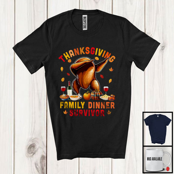 MacnyStore - Thanksgiving Family Dinner Survivor, Humorous Dabbing Roast Turkey, Pumpkin Pie Drinking T-Shirt