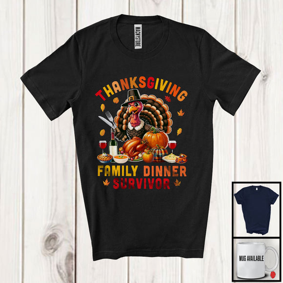 MacnyStore - Thanksgiving Family Dinner Survivor, Humorous Dinner Turkey Eating, Pumpkin Pie Drinking T-Shirt