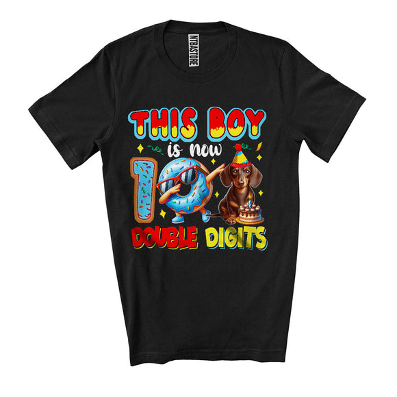 MacnyStore - This Boy Is Now 10 Double Digits, Adorable 10th Birthday Dachshund Lover, Dabbing Donut T-Shirt
