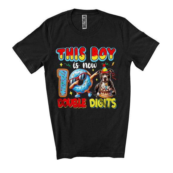 MacnyStore - This Boy Is Now 10 Double Digits, Adorable 10th Birthday Pit Bull Lover, Dabbing Donut T-Shirt