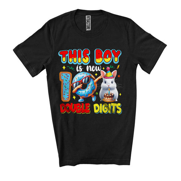 MacnyStore - This Boy Is Now 10 Double Digits, Adorable 10th Birthday Rabbit Dabbing Donut, Wild Animal T-Shirt