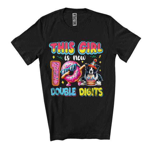 MacnyStore - This Girl Is Now 10 Double Digits, Adorable 10th Birthday Border Collie Lover, Dabbing Donut T-Shirt