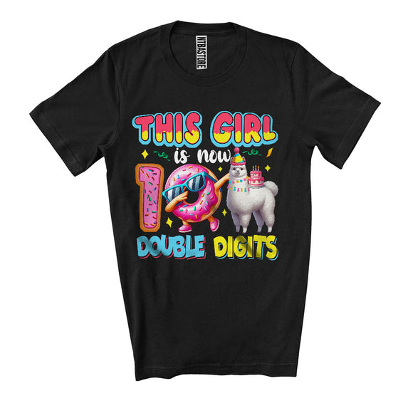 MacnyStore - This Girl Is Now 10 Double Digits, Adorable 10th Birthday Llama Lover, Dabbing Donut T-Shirt