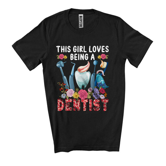 MacnyStore - This Girl Loves Being A Dentist, Cool Leopard Plaid Dentist Tools, Flowers Family Group T-Shirt
