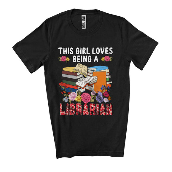 MacnyStore - This Girl Loves Being A Librarian, Cool Leopard Plaid Librarian Tools, Flowers Family Group T-Shirt