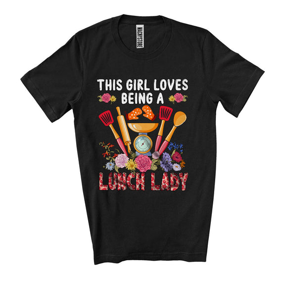 MacnyStore - This Girl Loves Being A Lunch Lady, Cool Leopard Plaid Lunch Lady Tools, Flowers Family Group T-Shirt