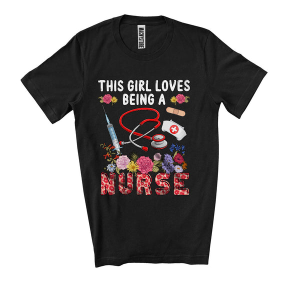 MacnyStore - This Girl Loves Being A Nurse, Cool Leopard Plaid Nurse Nursing Tools, Flowers Family Group T-Shirt