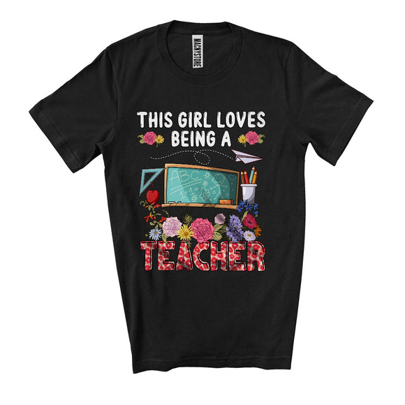 MacnyStore - This Girl Loves Being A Teacher, Cool Leopard Plaid Teacher Tools, Flowers Family Group T-Shirt