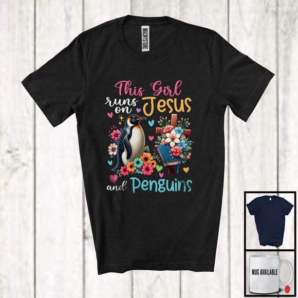 MacnyStore - This Girl Runs On Jesus And Penguins, Adorable Flowers Matching Bird Lover, Family Group T-Shirt