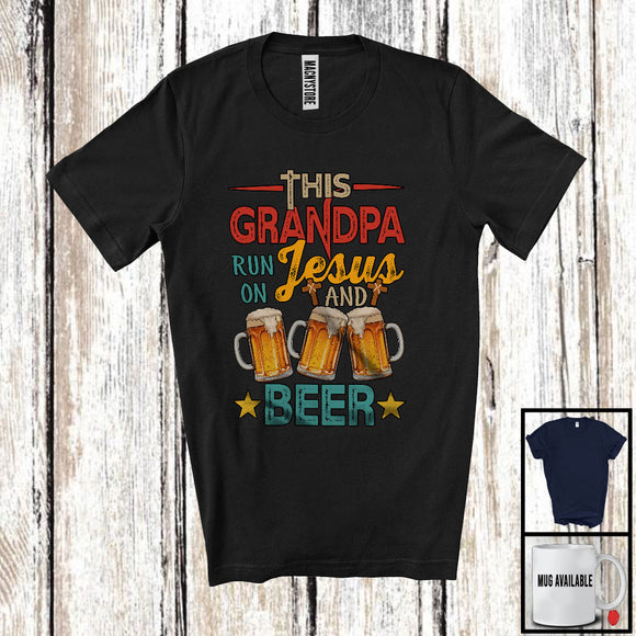 MacnyStore - This Grandpa Runs On Jesus And Beer, Awesome Father's Day Drinking Drunker, Vintage Family T-Shirt
