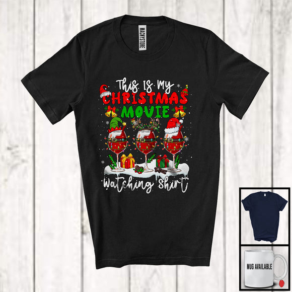 MacnyStore - This Is My Christmas Movie Watching Shirt; Joyful X-mas Three Wine Glasses; Drinking Drunker T-Shirt