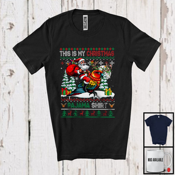 MacnyStore - This Is My Christmas Pajama Shirt; Joyful Santa Riding Sun Conure Bird; X-mas Tree Sweater Animal T-Shirt