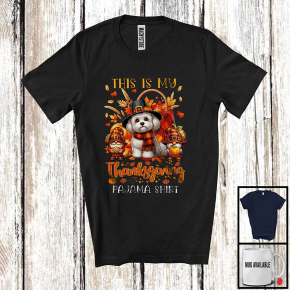MacnyStore - This Is My Thanksgiving Pajama Shirt, Adorable Gnomes Maltipoo Owner, Fall Leaves Pumpkins T-Shirt