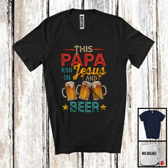 MacnyStore - This Papa Runs On Jesus And Beer, Awesome Father's Day Drinking Drunker, Vintage Family T-Shirt