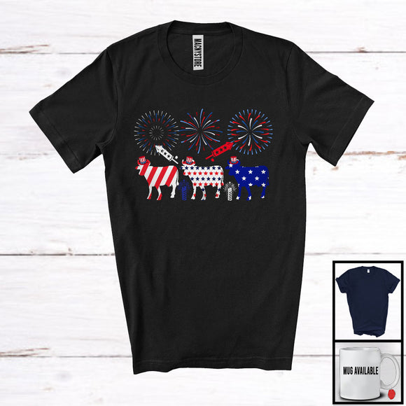 MacnyStore - Three American Flag Cow, Wonderful 4th Of July Fireworks, Farm Animals Farmer Patriotic T-Shirt