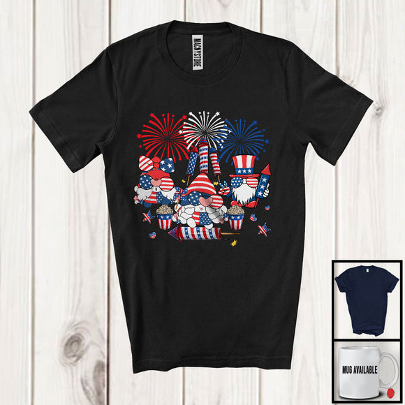 MacnyStore - Three American Flag Gnomes Sunglasses Firecracker, Proud 4th Of July Fireworks, Patriotic T-Shirt