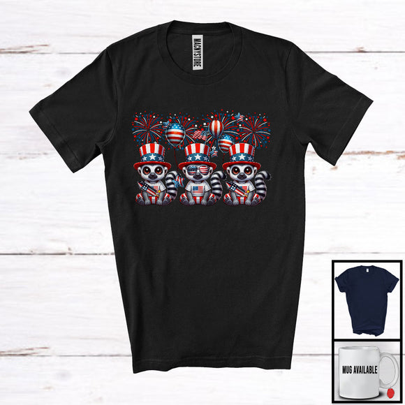 MacnyStore - Three American Flag Lemur, Adorable 4th Of July Fireworks Patriotic, Wild Animal Lover T-Shirt