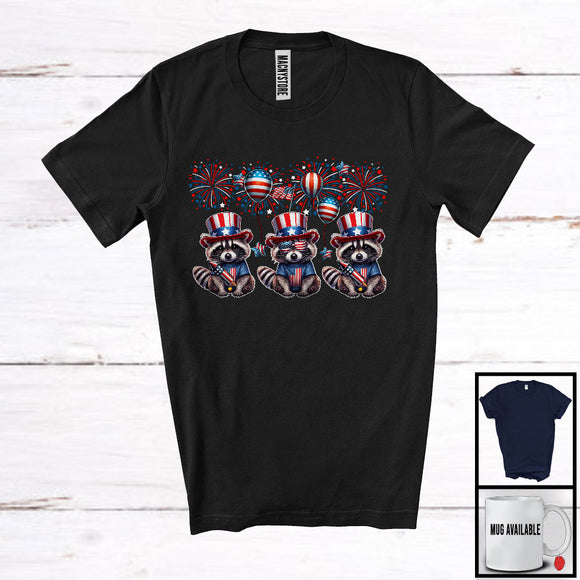 MacnyStore - Three American Flag Raccoon, Adorable 4th Of July Fireworks Patriotic, Wild Animal Lover T-Shirt