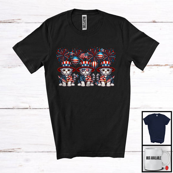 MacnyStore - Three American Flag Scottish Fold Kitten, Adorable 4th Of July Fireworks, Patriotic Group T-Shirt