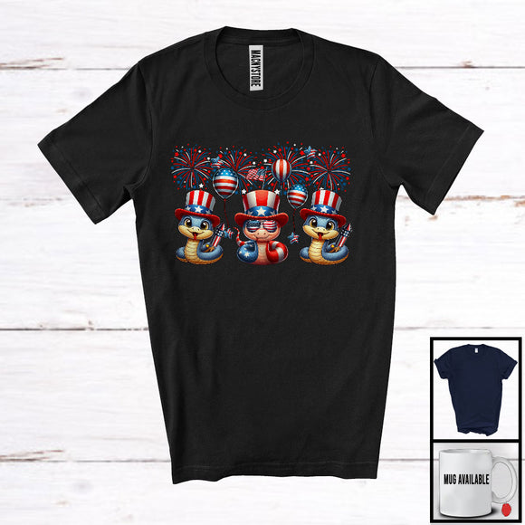 MacnyStore - Three American Flag Snake, Adorable 4th Of July Fireworks Patriotic, Wild Animal Lover T-Shirt