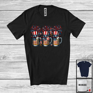 MacnyStore - Three Beer Glasses, Amazing 4th Of July American Flag Fireworks, Patriotic Drinking Drunker T-Shirt