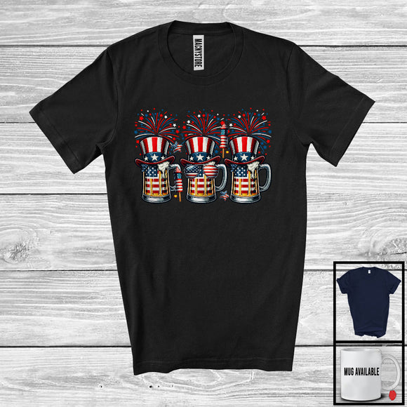 MacnyStore - Three Beer Glasses, Amazing 4th Of July American Flag Fireworks, Patriotic Drinking Drunker T-Shirt