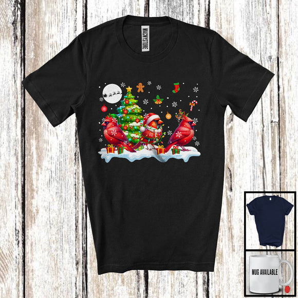 MacnyStore - Three Elf Santa Reindeer Cardinal Birds With X-mas Tree; Lovely Christmas Bird Lover; Moon Snowing T-Shirt