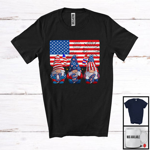 MacnyStore - Three Gnomes With American Flag, Amazing 4th Of July Firecrackers, USA Patriotic Group T-Shirt