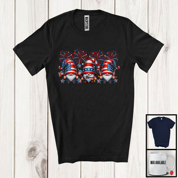 MacnyStore - Three Gnomes With Fireworks, Adorable 4th Of July Gnomies Squad, American Flag Patriotic T-Shirt