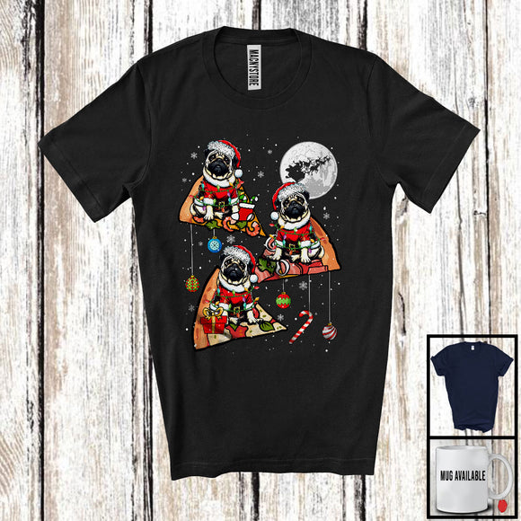 MacnyStore - Three Santa Pug Riding Pizza; Humorous Christmas Pizza Food Galaxy; Family Group T-Shirt