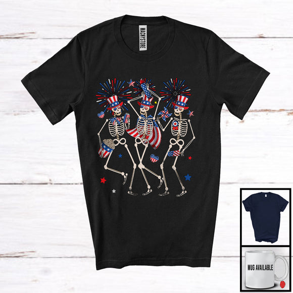 MacnyStore - Three Skeletons, Humorous 4th Of July Three Skeletons American Flag Hat, Fireworks Patriotic T-Shirt