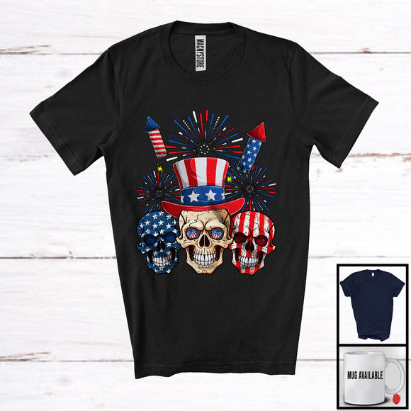 MacnyStore - Three Skulls, Humorous 4th Of July Three Skulls American Flag Hat, Fireworks Patriotic T-Shirt