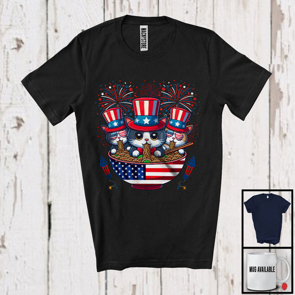 MacnyStore - Three Uncle Sam Cats In Ramen Bowl, Adorable 4th Of July Japanese Food Ramen, Patriotic T-Shirt