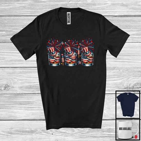 MacnyStore - Three Whiskey Glasses, Amazing 4th Of July American Flag Fireworks, Patriotic Drinking Drunker T-Shirt