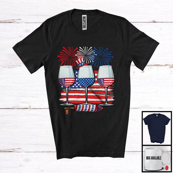 MacnyStore - Three Wine Glasses American Flag, Awesome 4th Of July Fireworks, Drinking Drunker Patriotic T-Shirt