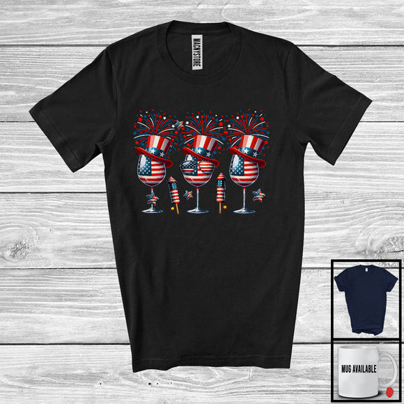 MacnyStore - Three Wine Glasses, Amazing 4th Of July American Flag Fireworks, Patriotic Drinking Drunker T-Shirt