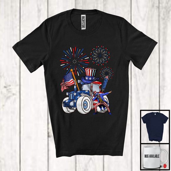MacnyStore - Tractor Construction Driver, Proud 4th Of July USA Flag Man Dabbing, Firecrackers Patriotic T-Shirt
