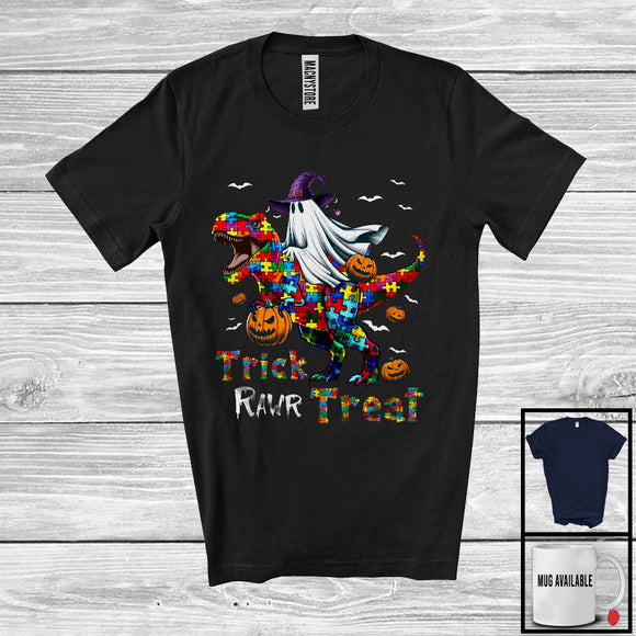 MacnyStore - Trick Rawr Treat, Humorous Halloween Autism Awareness, Boo Ghost Riding Puzzle T-Rex Dinosaur T-Shirt