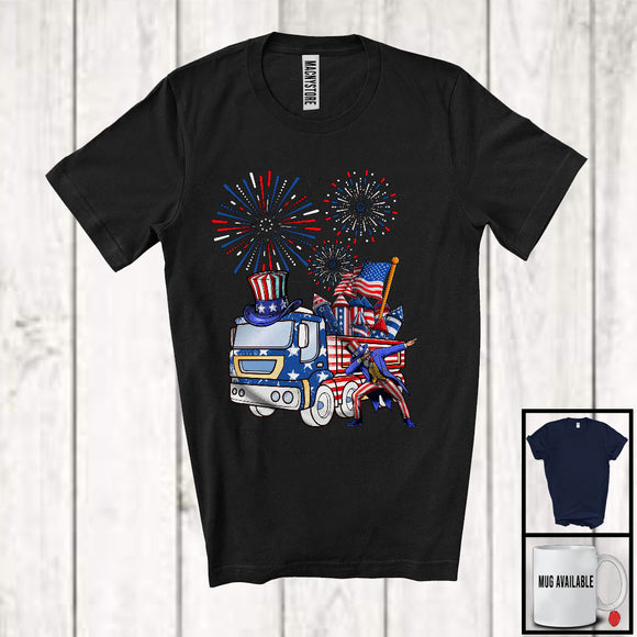 MacnyStore - Truck Construction Driver, Proud 4th Of July USA Flag Man Dabbing, Firecrackers Patriotic T-Shirt
