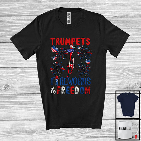 MacnyStore - Trumpets Fireworks And Freedom, Proud 4th Of July American Flag Musical Instruments, Patriotic T-Shirt