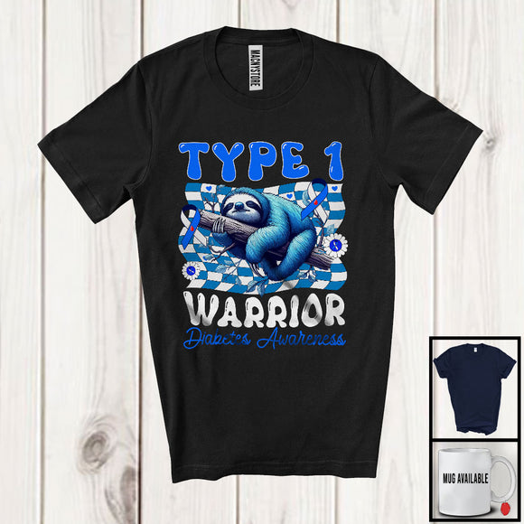 MacnyStore - Type 1 Diabetes Awareness Warrior; Adorable Sloth Sleeping; Blue Ribbon T1D Supporter Crew T-Shirt