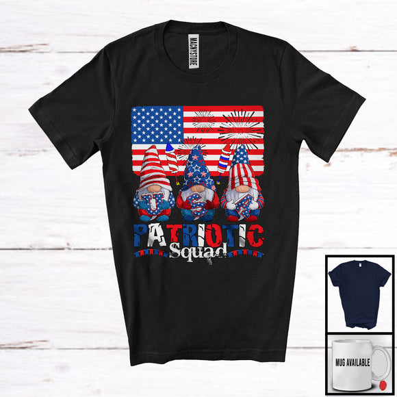 MacnyStore - USA Patriotic Squad, Amazing 4th Of July Three Gnomes With American Flag, Firecrackers T-Shirt
