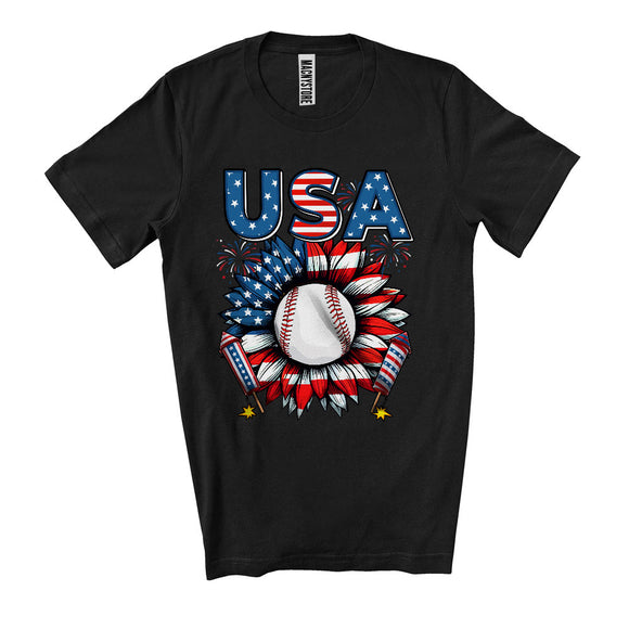 MacnyStore - USA, Awesome 4th Of July Baseball American Flag Sunflower, Sport Playing Player Team T-Shirt
