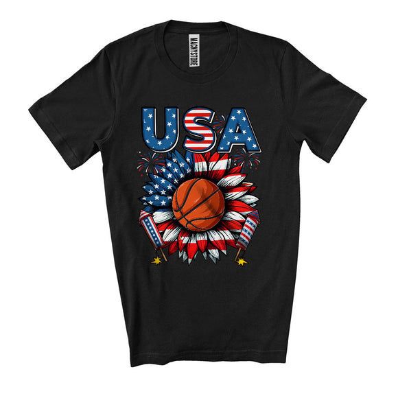 MacnyStore - USA, Awesome 4th Of July Basketball American Flag Sunflower, Sport Playing Player Team T-Shirt
