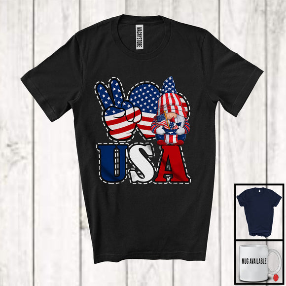 MacnyStore - USA, Awesome 4th Of July Peace Love Heart Shape Gnome, American Flag Patriotic Group T-Shirt