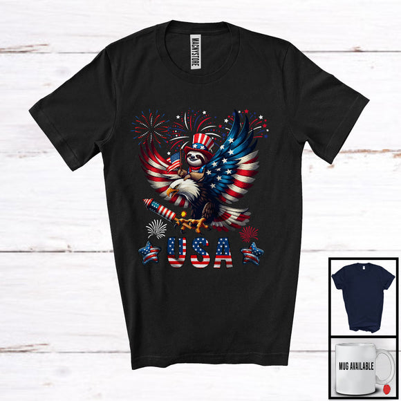 MacnyStore - USA, Awesome 4th Of July Sloth Riding Eagle, American Flag Fireworks Sloth Animal Lover T-Shirt